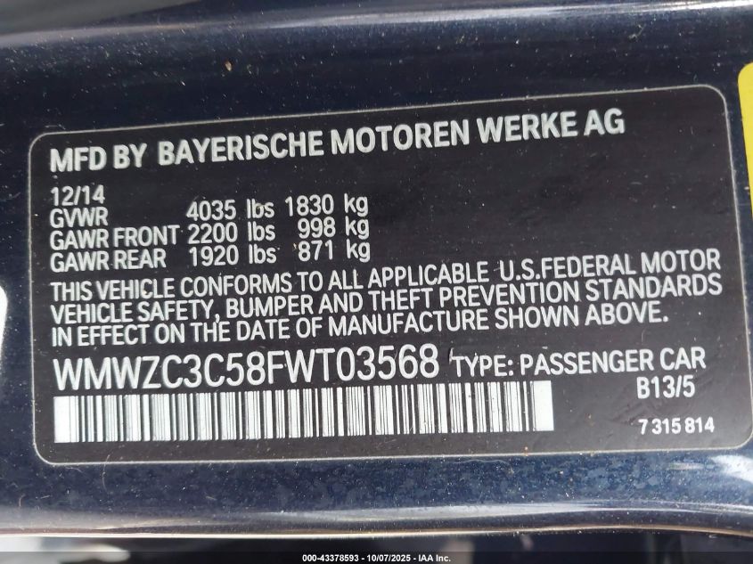 2015 Mini Countryman Cooper S VIN: WMWZC3C58FWT03568 Lot: 43378593