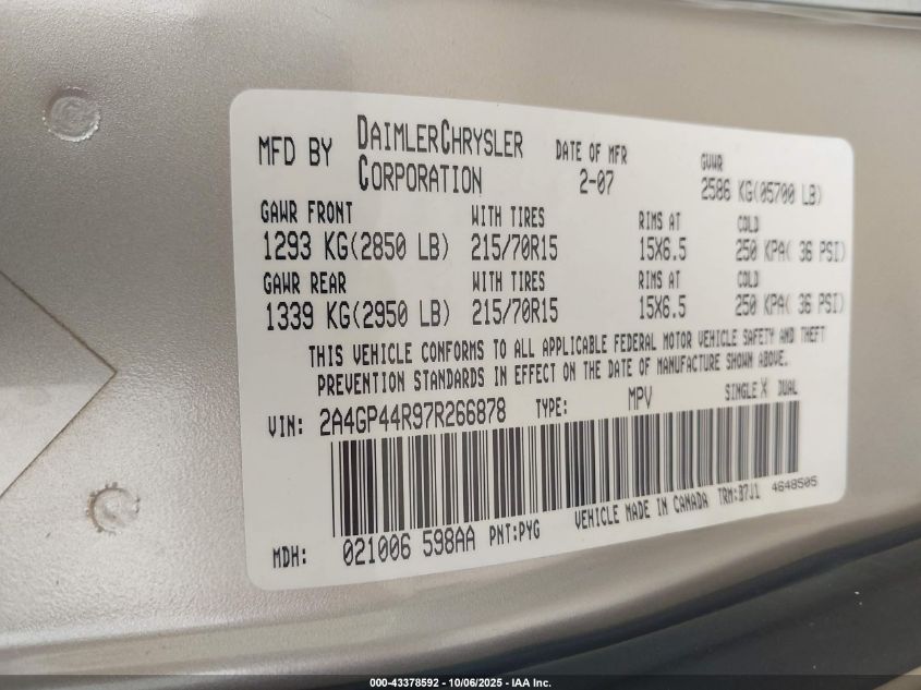 2007 Chrysler Town & Country Lx VIN: 2A4GP44R97R266878 Lot: 43378592