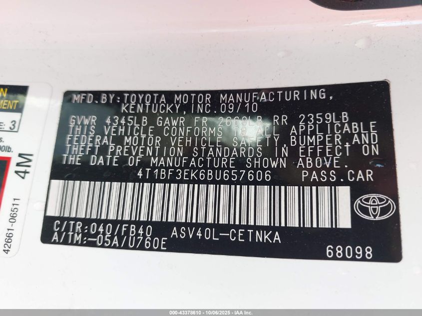 2011 Toyota Camry Le VIN: 4T1BF3EK6BU657606 Lot: 43378610