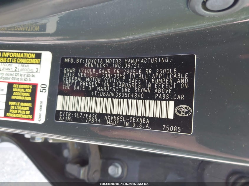 2025 Toyota Camry Le VIN: 4T1DBADK3SU504840 Lot: 43378618