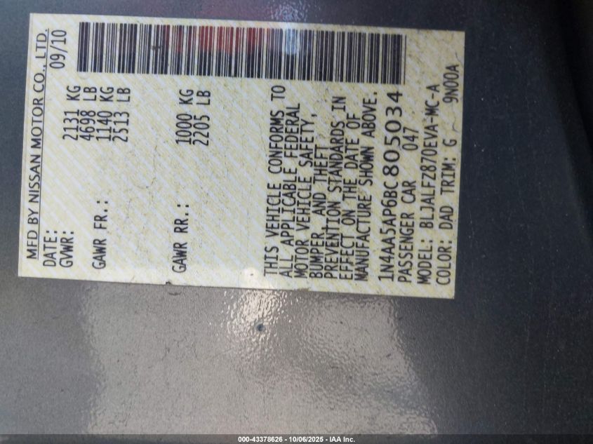 2011 Nissan Maxima 3.5 Sv VIN: 1N4AA5AP6BC805034 Lot: 43378626