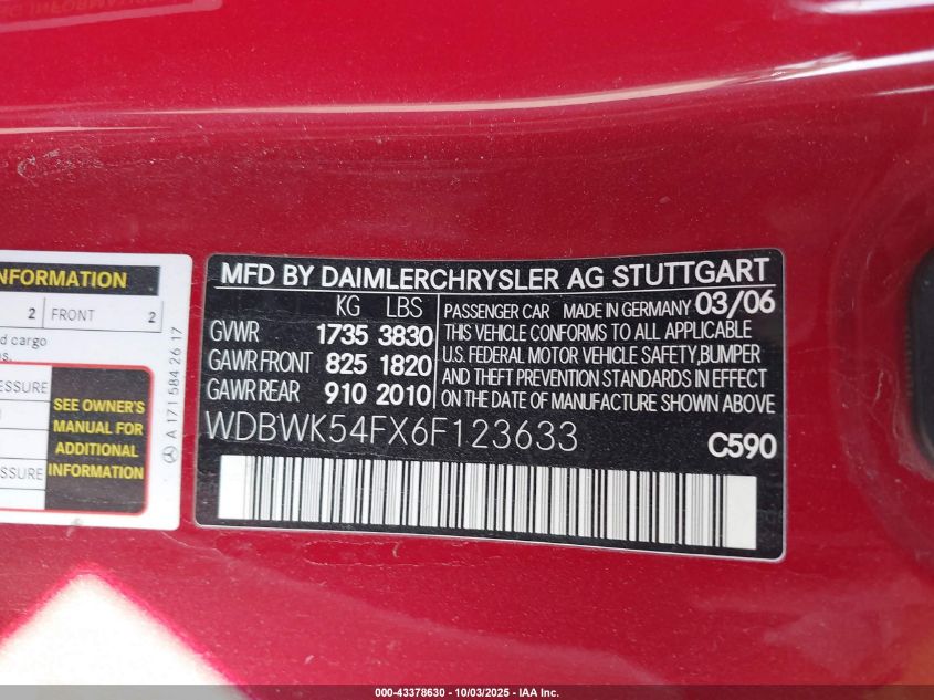 2006 Mercedes-Benz Slk 280 VIN: WDBWK54FX6F123633 Lot: 43378630