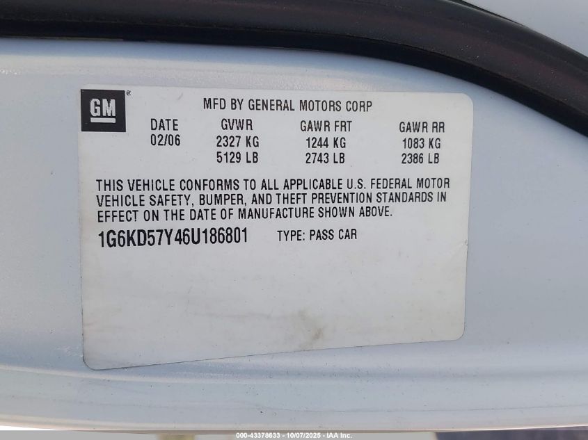 2006 Cadillac Dts VIN: 1G6KD57Y46U186801 Lot: 43378633
