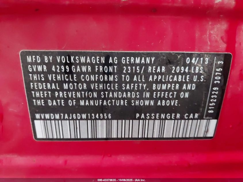 2013 Volkswagen Golf 2.0L Tdi 4-Door VIN: WVWDM7AJ6DW134956 Lot: 43378635