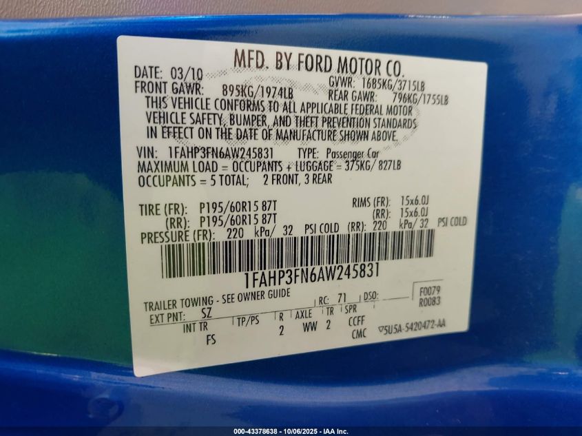 2010 Ford Focus Se VIN: 1FAHP3FN6AW245831 Lot: 43378638