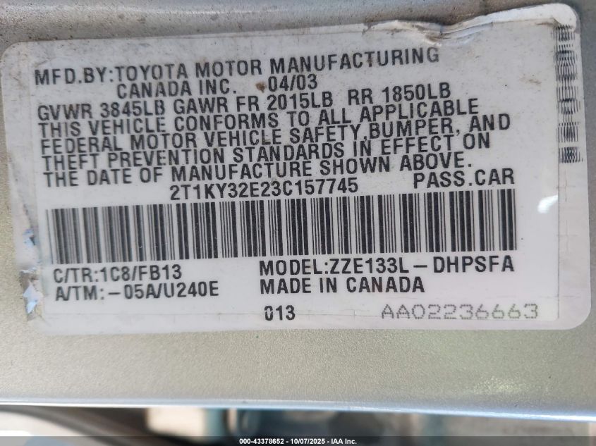 2003 Toyota Corolla Matrix Xrs VIN: 2T1KY32E23C157745 Lot: 43378652