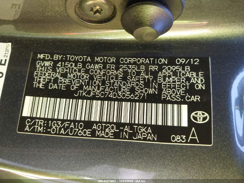 2013 Scion Tc VIN: JTKJF5C74D3056271 Lot: 43378657