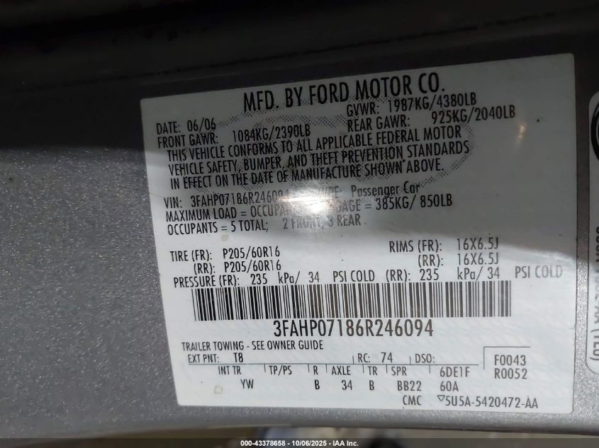 2006 Ford Fusion Se VIN: 3FAHP07186R246094 Lot: 43378658