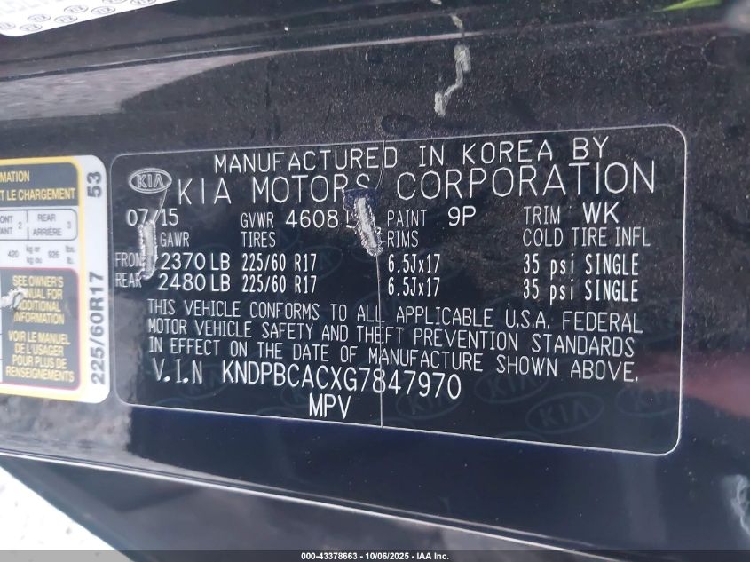 2016 Kia Sportage Lx VIN: KNDPBCACXG7847970 Lot: 43378663