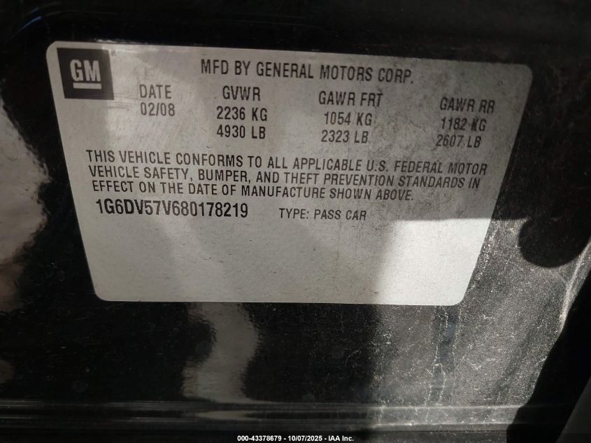 2008 Cadillac Cts Standard VIN: 1G6DV57V680178219 Lot: 43378679