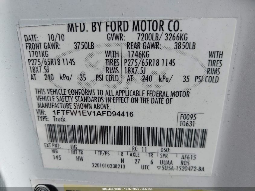 2010 Ford F-150 Fx4/Harley-Davidson/King Ranch/Lariat/Platinum/Xl/Xlt VIN: 1FTFW1EV1AFD94416 Lot: 43378680