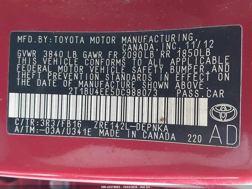2013 TOYOTA COROLLA LE - 2T1BU4EE5DC988073