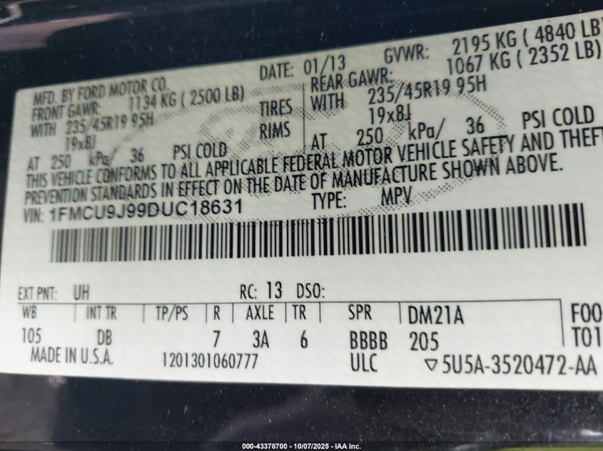 2013 Ford Escape Titanium VIN: 1FMCU9J99DUC18631 Lot: 43378700