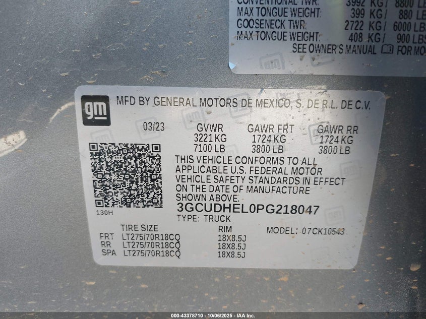 2023 Chevrolet Silverado 1500 4Wd Short Bed Zr2 VIN: 3GCUDHEL0PG218047 Lot: 43378710