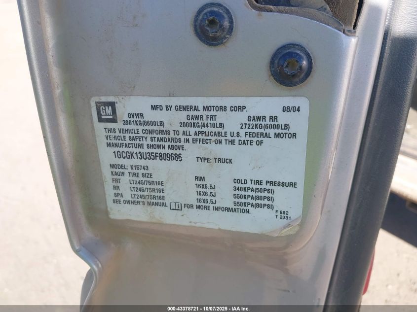 2005 Chevrolet Silverado 1500Hd Ls VIN: 1GCGK13U35F809686 Lot: 43378721