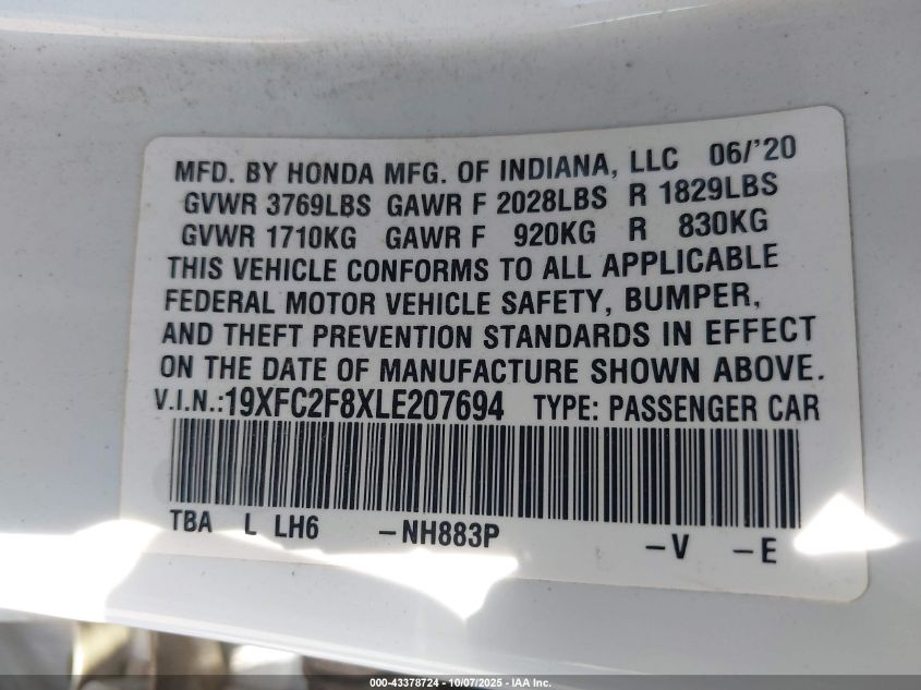 2020 Honda Civic Sport VIN: 19XFC2F8XLE207694 Lot: 43378724