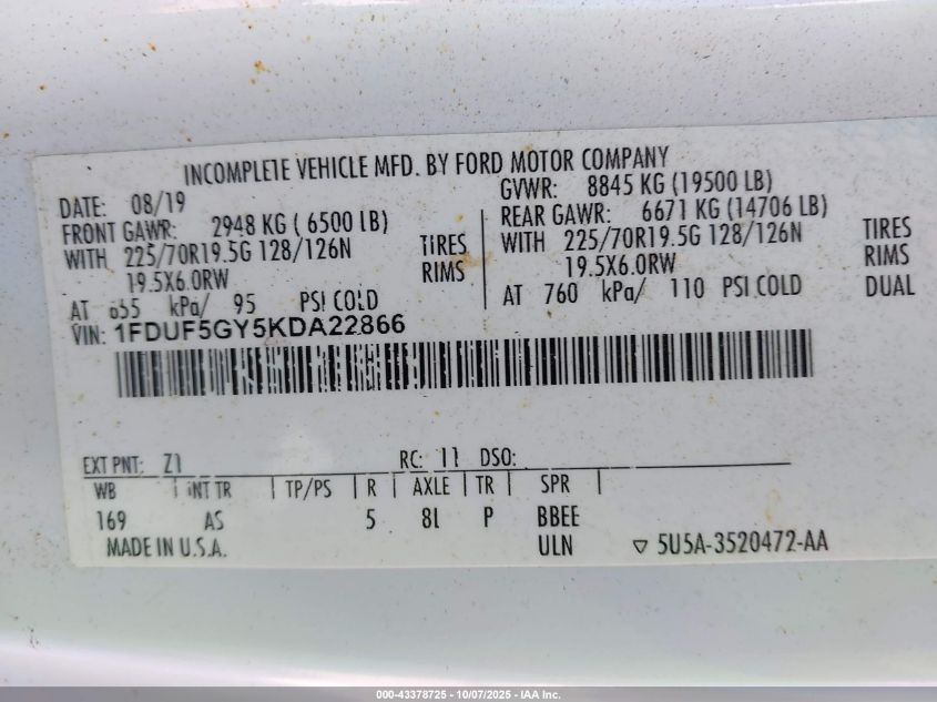 2019 Ford F-550 Chassis Xl VIN: 1FDUF5GY5KDA22866 Lot: 43378725