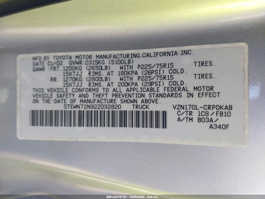 2002 Toyota Tacoma Base V6 VIN: 5TEWN72N92Z032820 Lot: 43378730