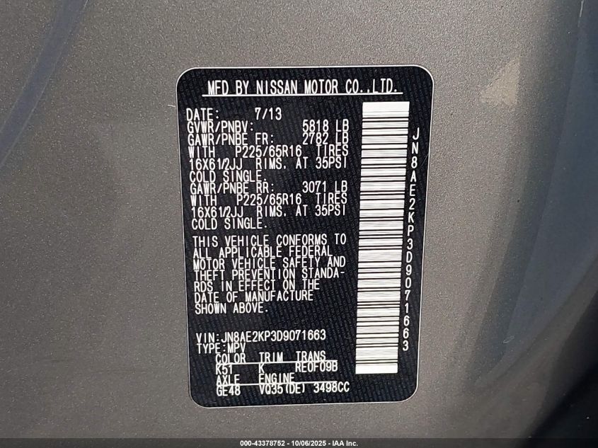 2013 Nissan Quest S VIN: JN8AE2KP3D9071663 Lot: 43378752