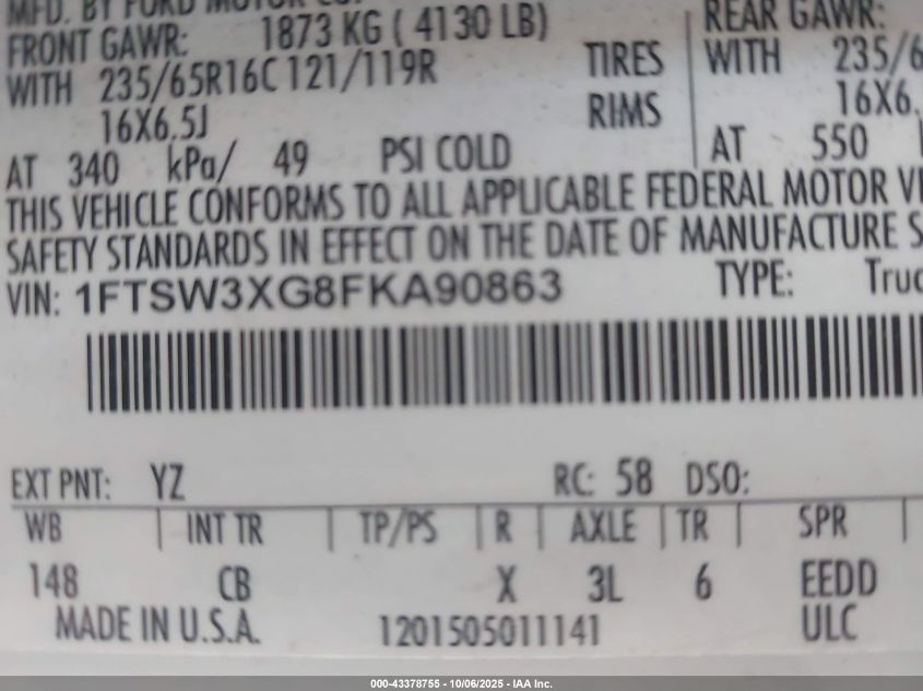 2015 Ford Transit-350 VIN: 1FTSW3XG8FKA90863 Lot: 43378755