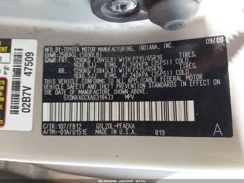 2010 Toyota Sienna Ce VIN: 5TDKK4CCXAS318433 Lot: 43378759