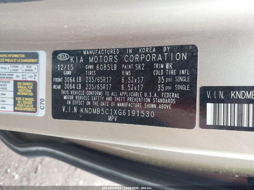 2016 Kia Sedona Lx VIN: KNDMB5C1XG6191530 Lot: 43378764