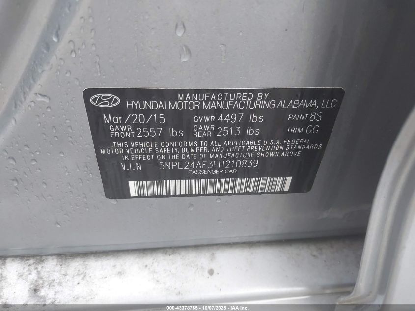 2015 Hyundai Sonata Se VIN: 5NPE24AF3FH210839 Lot: 43378765