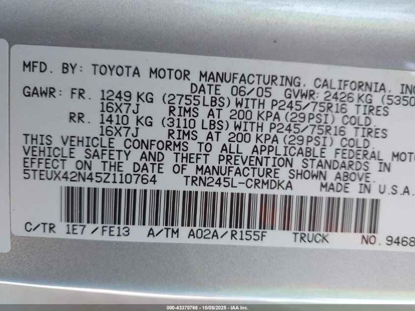 2005 Toyota Tacoma VIN: 5TEUX42N45Z110764 Lot: 43378768