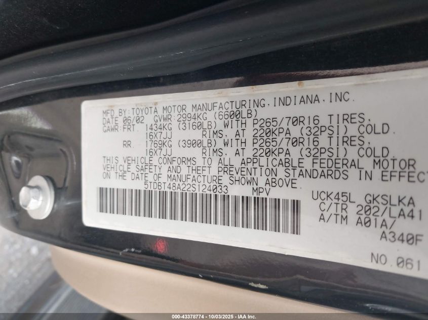 2002 Toyota Sequoia Limited V8 VIN: 5TDBT48A22S124033 Lot: 43378774
