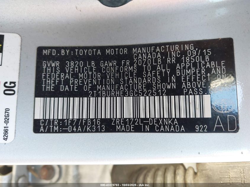 2016 Toyota Corolla Le VIN: 2T1BURHE3GC522512 Lot: 43378783