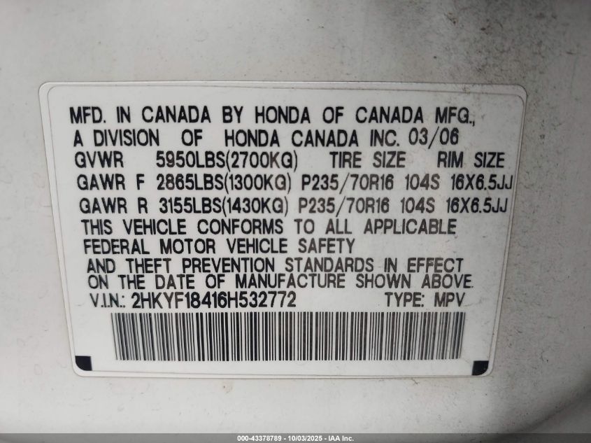 2006 Honda Pilot Ex VIN: 2HKYF18416H532772 Lot: 43378789