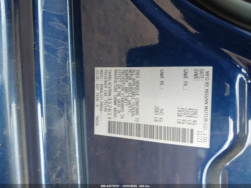 2024 Nissan Altima Sr Fwd VIN: 1N4BL4CV9RN352613 Lot: 43378791