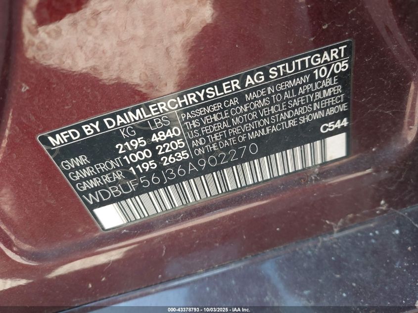 2006 Mercedes-Benz E 350 VIN: WDBUF56J36A902270 Lot: 43378793