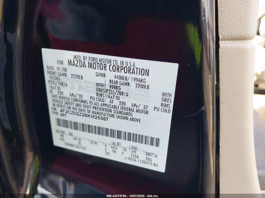 2008 Mazda Tribute I Sport VIN: 4F2CZ02Z28KM25587 Lot: 43378794