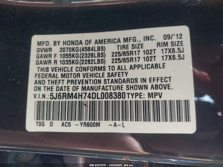 2013 Honda Cr-V Ex-L VIN: 5J6RM4H74DL008380 Lot: 43378797