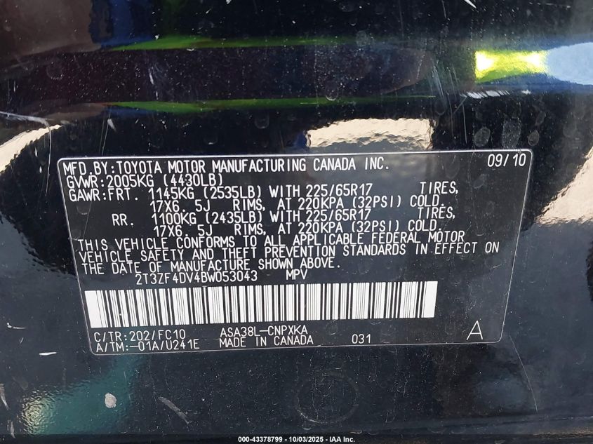 2011 Toyota Rav4 VIN: 2T3ZF4DV4BW053043 Lot: 43378799