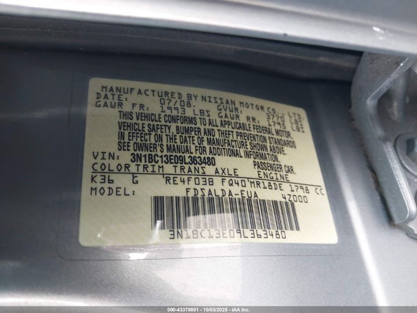 2009 Nissan Versa 1.8S VIN: 3N1BC13E09L363480 Lot: 43378801