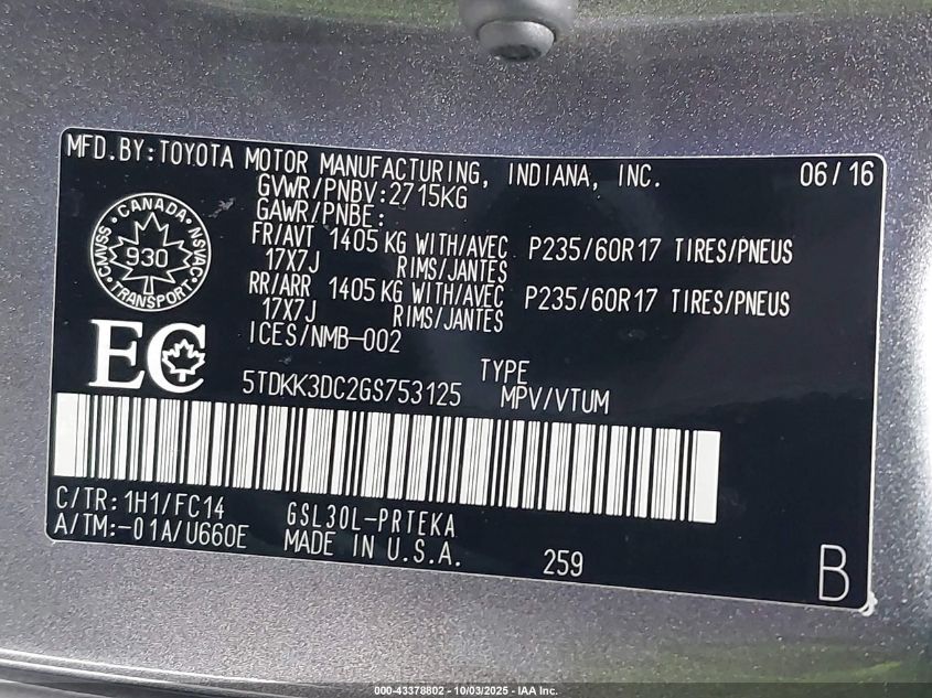 2016 Toyota Sienna Le 8 Passenger VIN: 5TDKK3DC2GS753125 Lot: 43378802