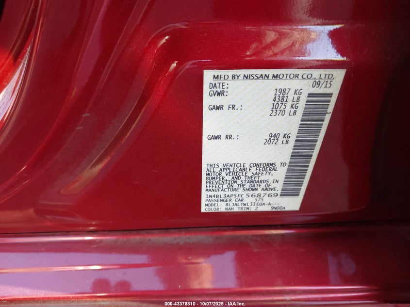 2015 NISSAN ALTIMA 3.5 S/3.5 SL/3.5 SV 1N4BL3AP5FC568769