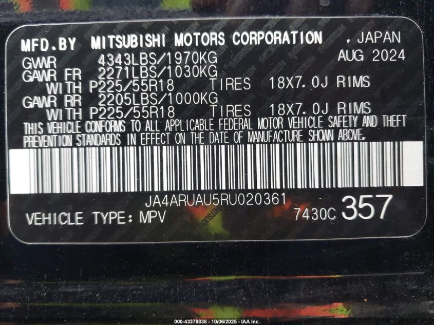 2024 Mitsubishi Outlander Sport 2.0 Es Awc/2.0 Le Awc/2.0 Ralliart Awc/2.0 S Awc/2.0 Se Awc/2.0 Trail Edition Awc VIN: JA4ARUAU5RU020361 Lot: 43378838
