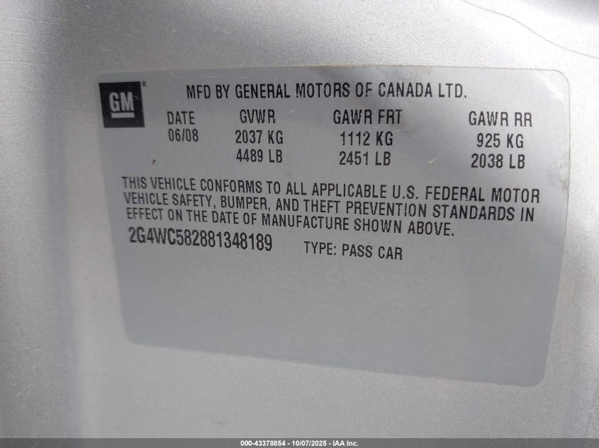 2008 Buick Lacrosse Cx VIN: 2G4WC582881348189 Lot: 43378854