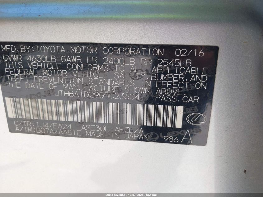 2016 Lexus Is 200T VIN: JTHBA1D29G5023604 Lot: 43378855