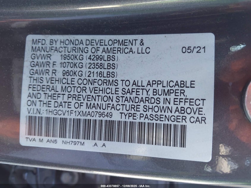 VIN 1HGCV1F1XMA079649 2021 HONDA ACCORD LX
