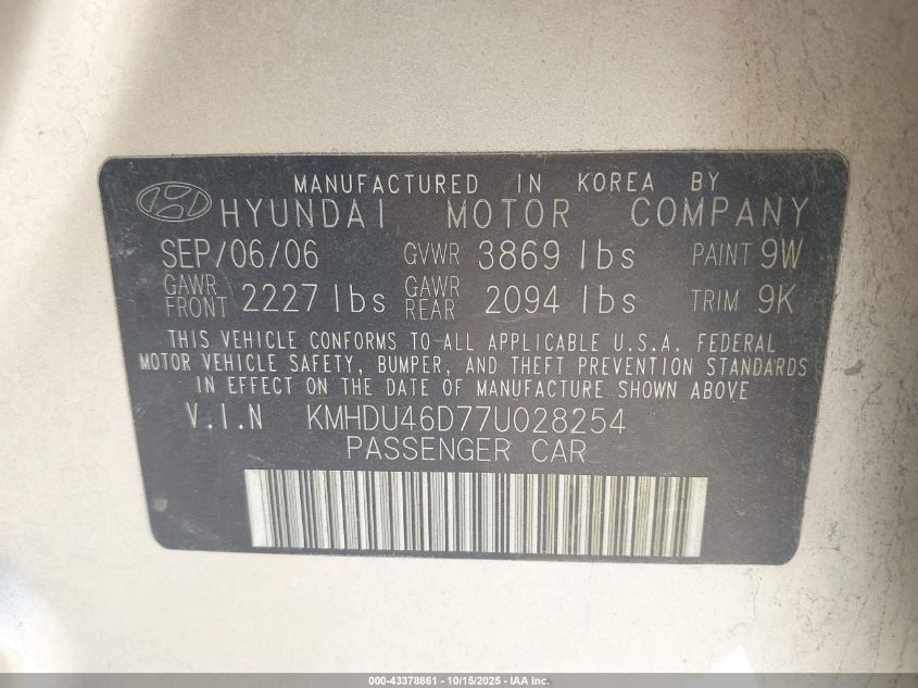 2007 Hyundai Elantra Gls/Limited/Se VIN: KMHDU46D77U028254 Lot: 43378861