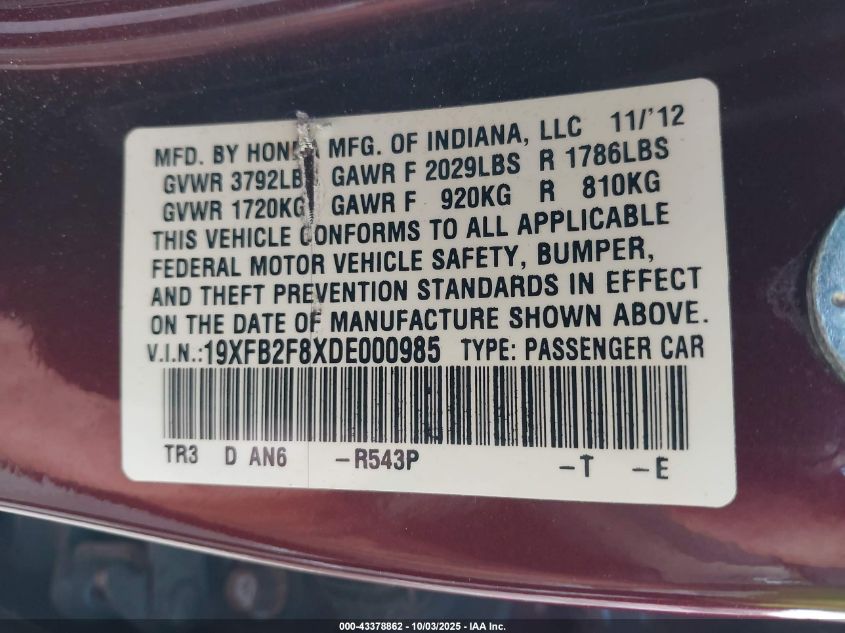 2013 Honda Civic Ex VIN: 19XFB2F8XDE000985 Lot: 43378862