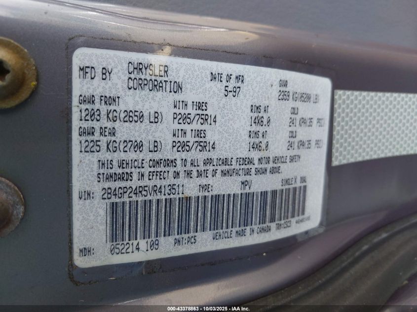 1997 Dodge Grand Caravan VIN: 2B4GP24R5VR413511 Lot: 43378863