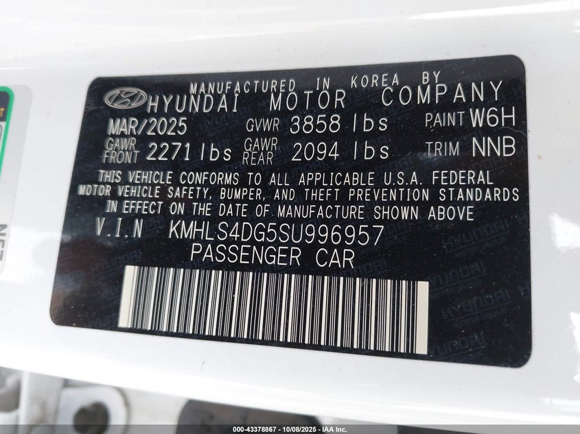 2025 Hyundai Elantra Sel Convenience VIN: KMHLS4DG5SU996957 Lot: 43378867