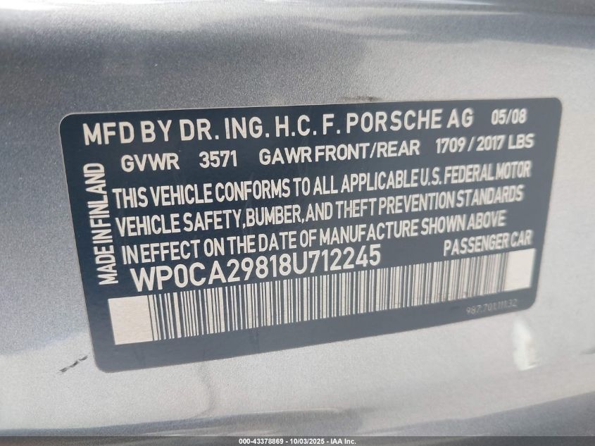 2008 Porsche Boxster VIN: WP0CA29818U712245 Lot: 43378869