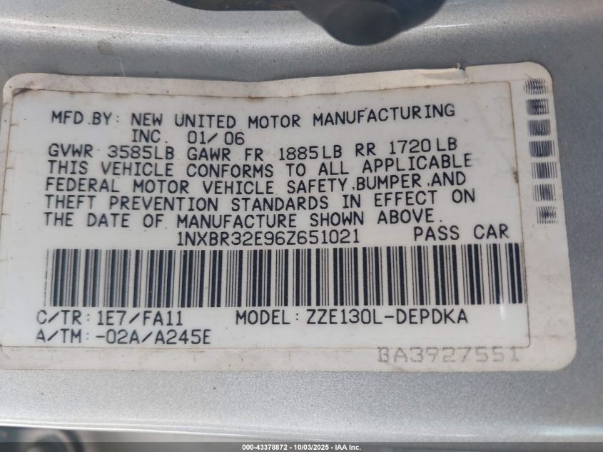 2006 Toyota Corolla Ce VIN: 1NXBR32E96Z651021 Lot: 43378872