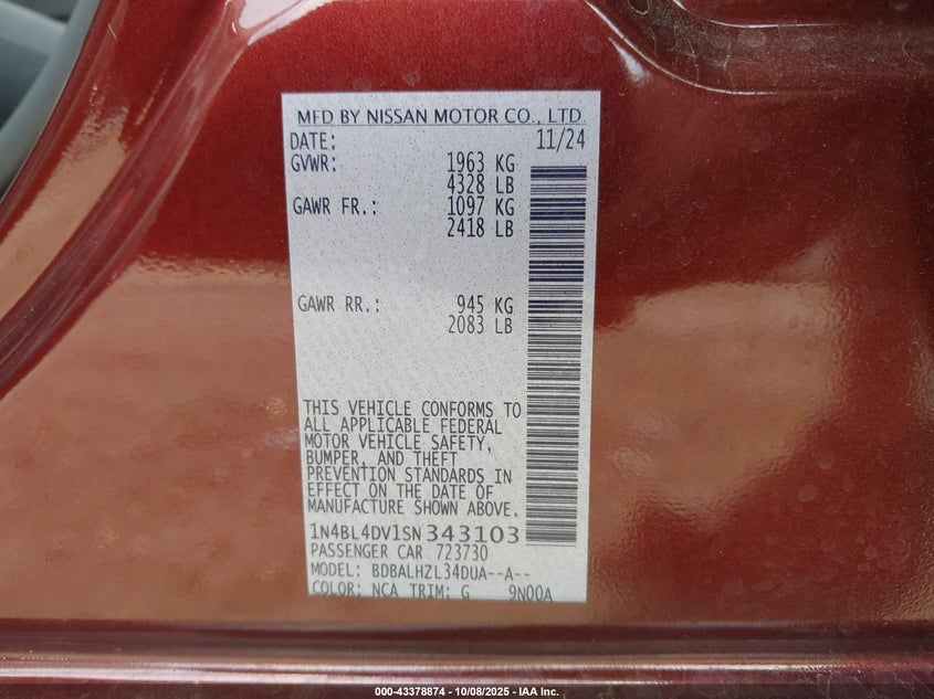 2025 Nissan Altima Sv Fwd VIN: 1N4BL4DV1SN343103 Lot: 43378874